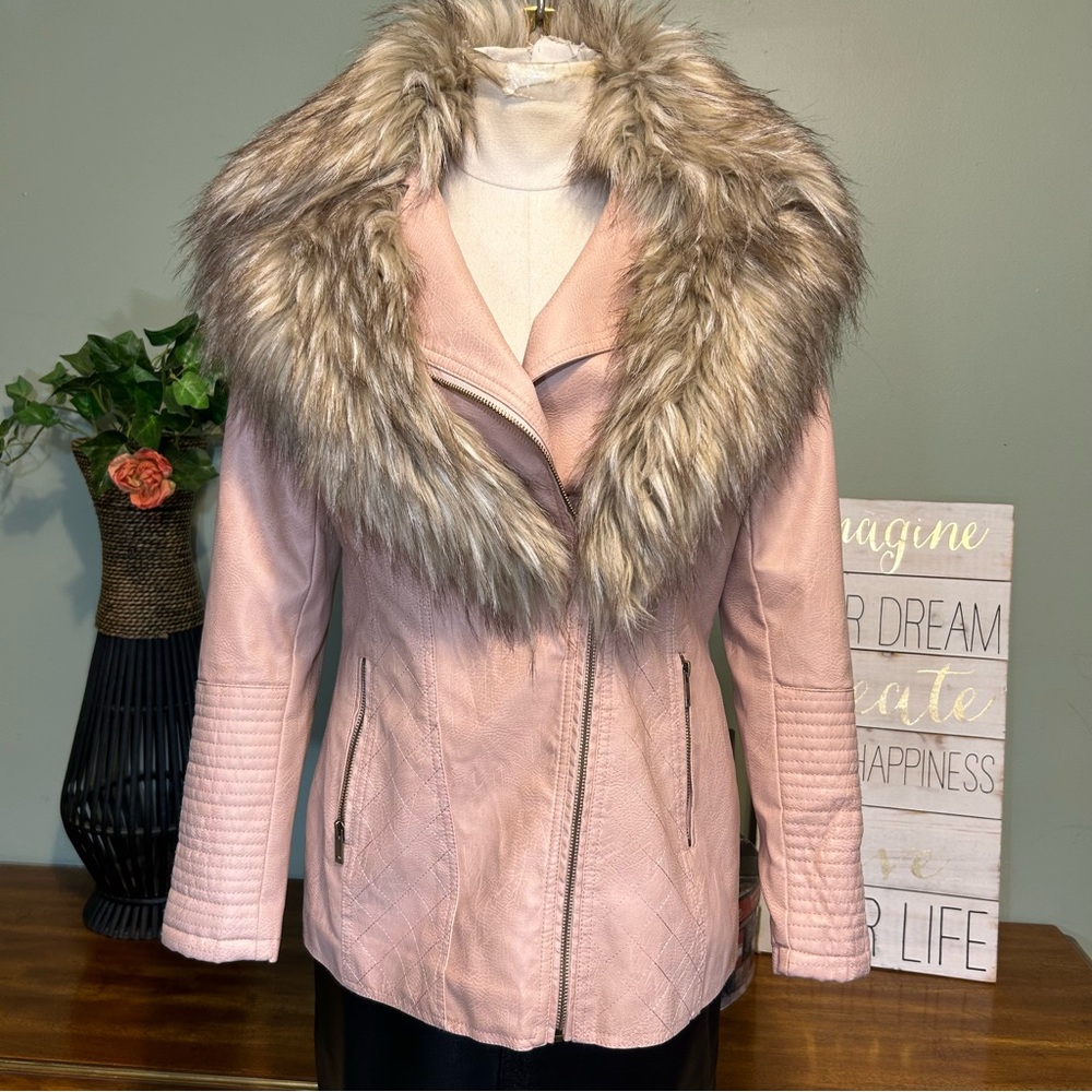 Fashion Nova Pink Faux Fur Removable Collar Faux Leather Zip Front Coat Jacket